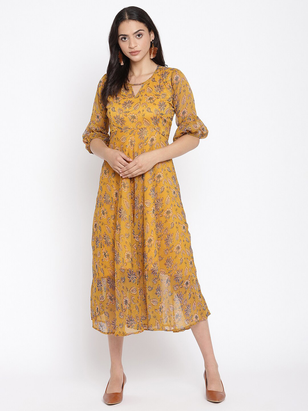 

COASTLAND Floral Printed Midi Fit & Flare Dress, Mustard