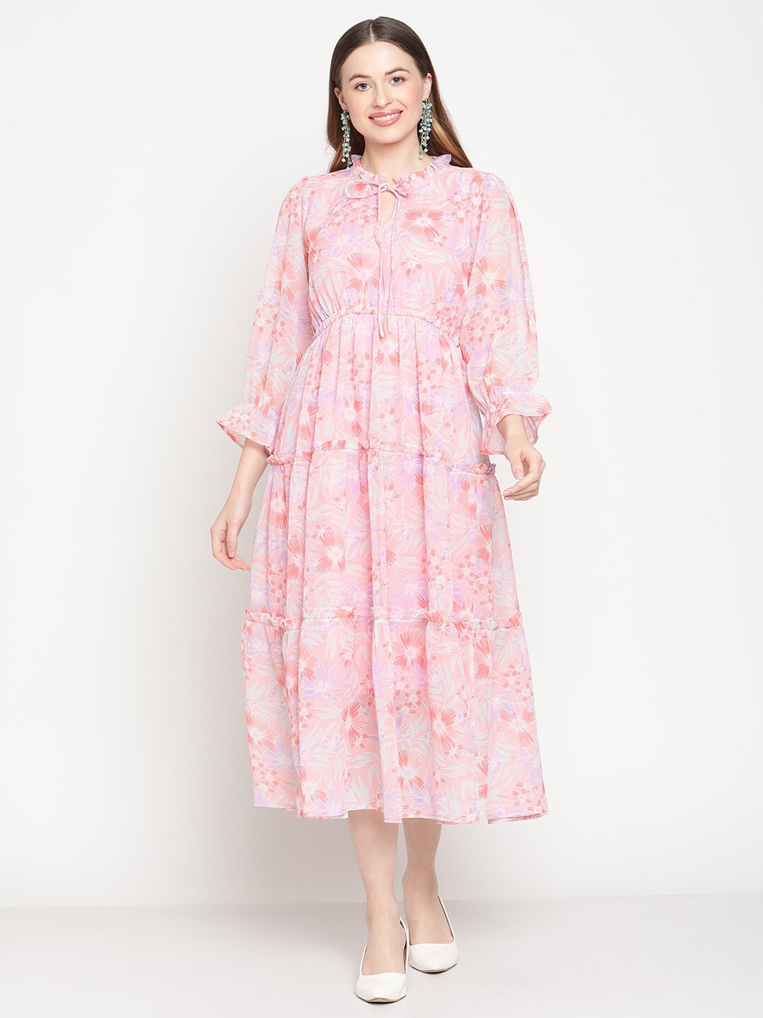 

COASTLAND Floral Printed Tie-Up Neck Georgette Midi Dress, Peach