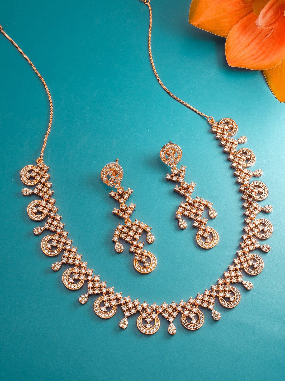 

aadita Rose Gold-Plated AD Stones Studded Jewellery Set