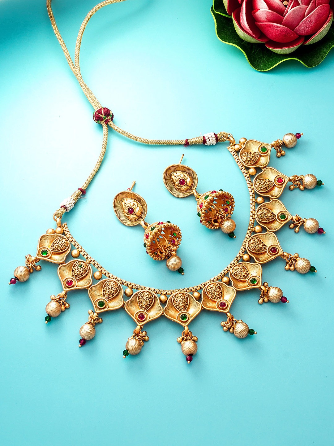 

aadita Gold-Plated Stone-Studded & Beaded Choker Jewellery Set