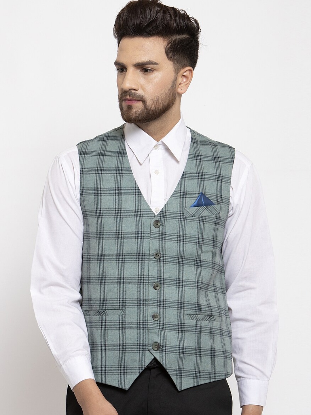 

NEUDIS Men Checked Pure WoolWaistcoat, Sea green