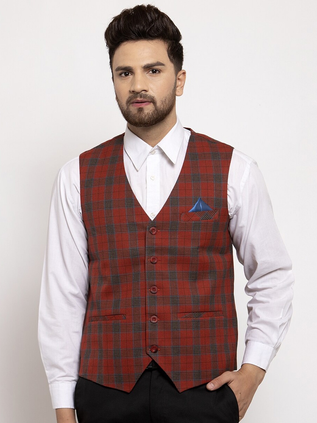 

NEUDIS Men Checked Formal Waistcoat, Maroon