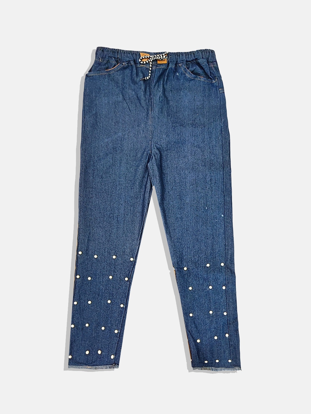 

PINVE Kids Girls Pearl Embroidered Tapered Fit Trousers, Blue