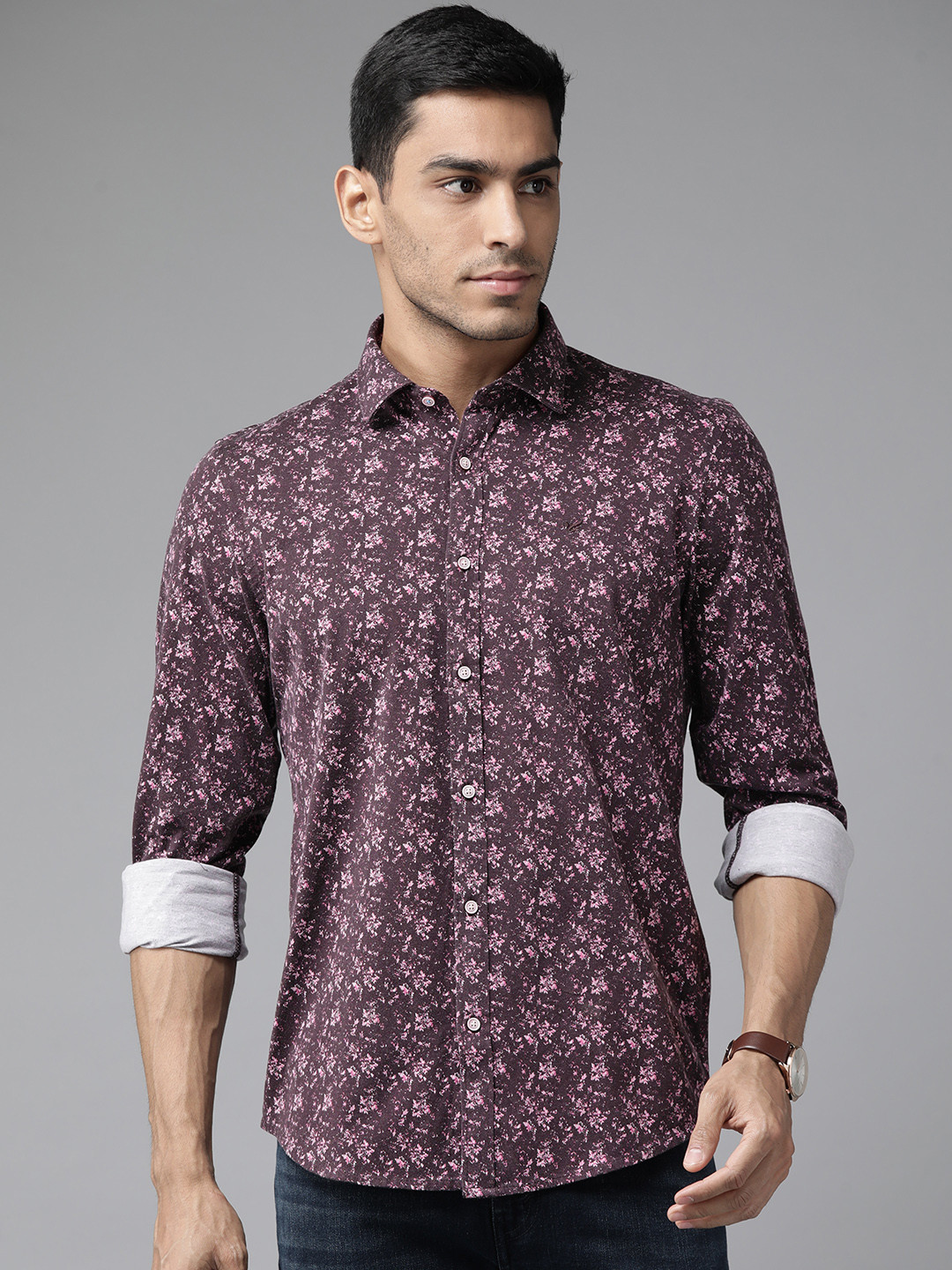 

Blackberrys Pure Cotton Knitted Slim Fit Floral Print Casual Shirt, Burgundy