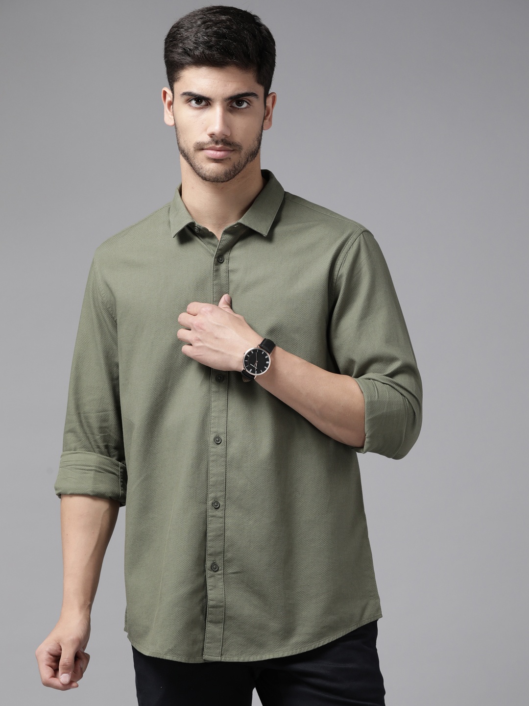 

Blackberrys Pure Cotton Slim Fit Opaque Casual Shirt, Olive