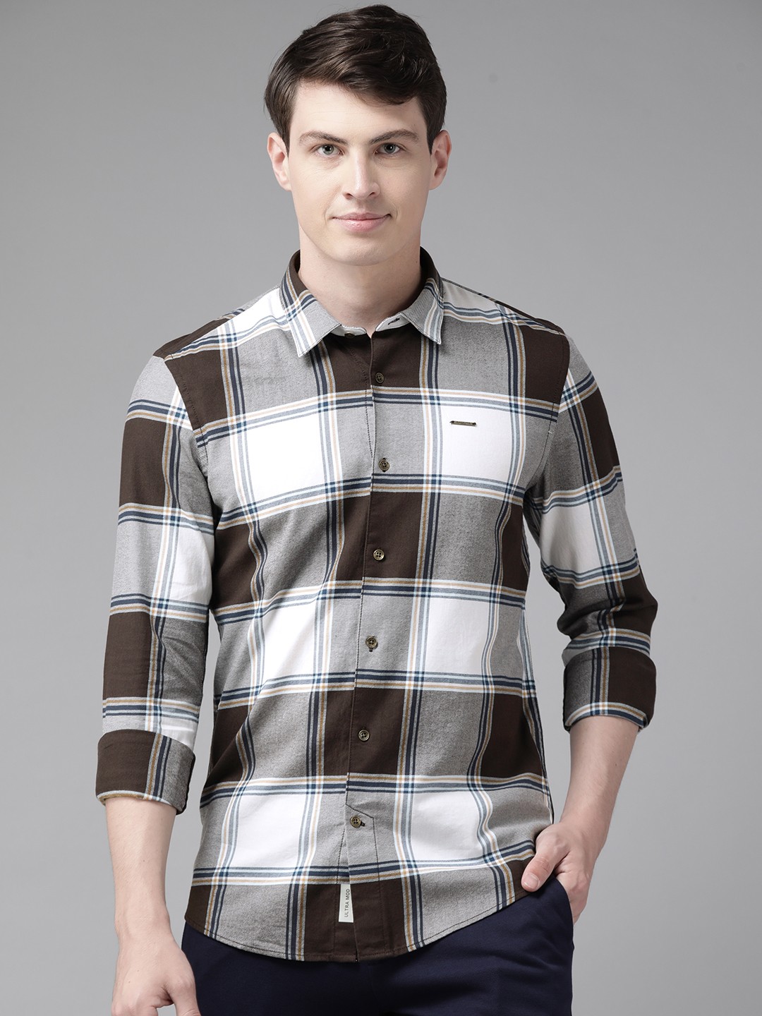 

Blackberrys Cotton Slim Fit Checked Casual Shirt, Brown
