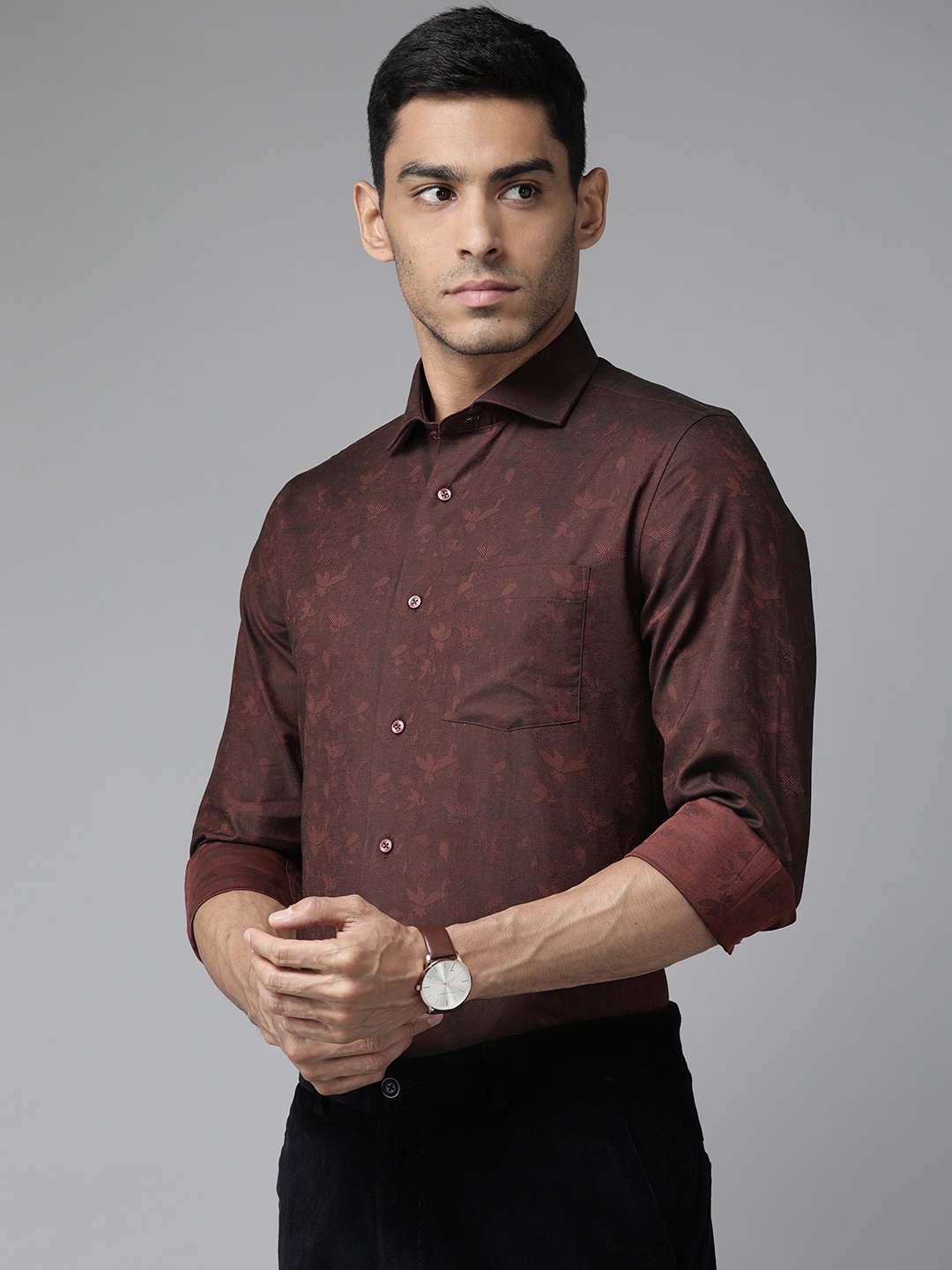 

Blackberrys Pure Cotton India Slim Fit Self-Design Shirt, Brown