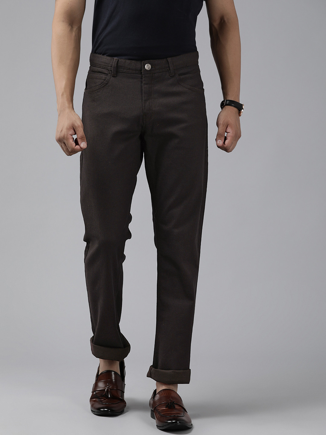 

Blackberrys Men Textured Slim Fit Trousers, Brown