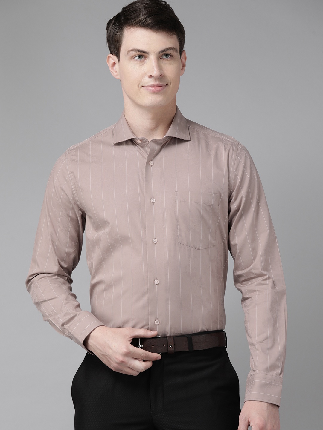 

Blackberrys Cotton Slim Fit Striped Semiformal Shirt, Taupe