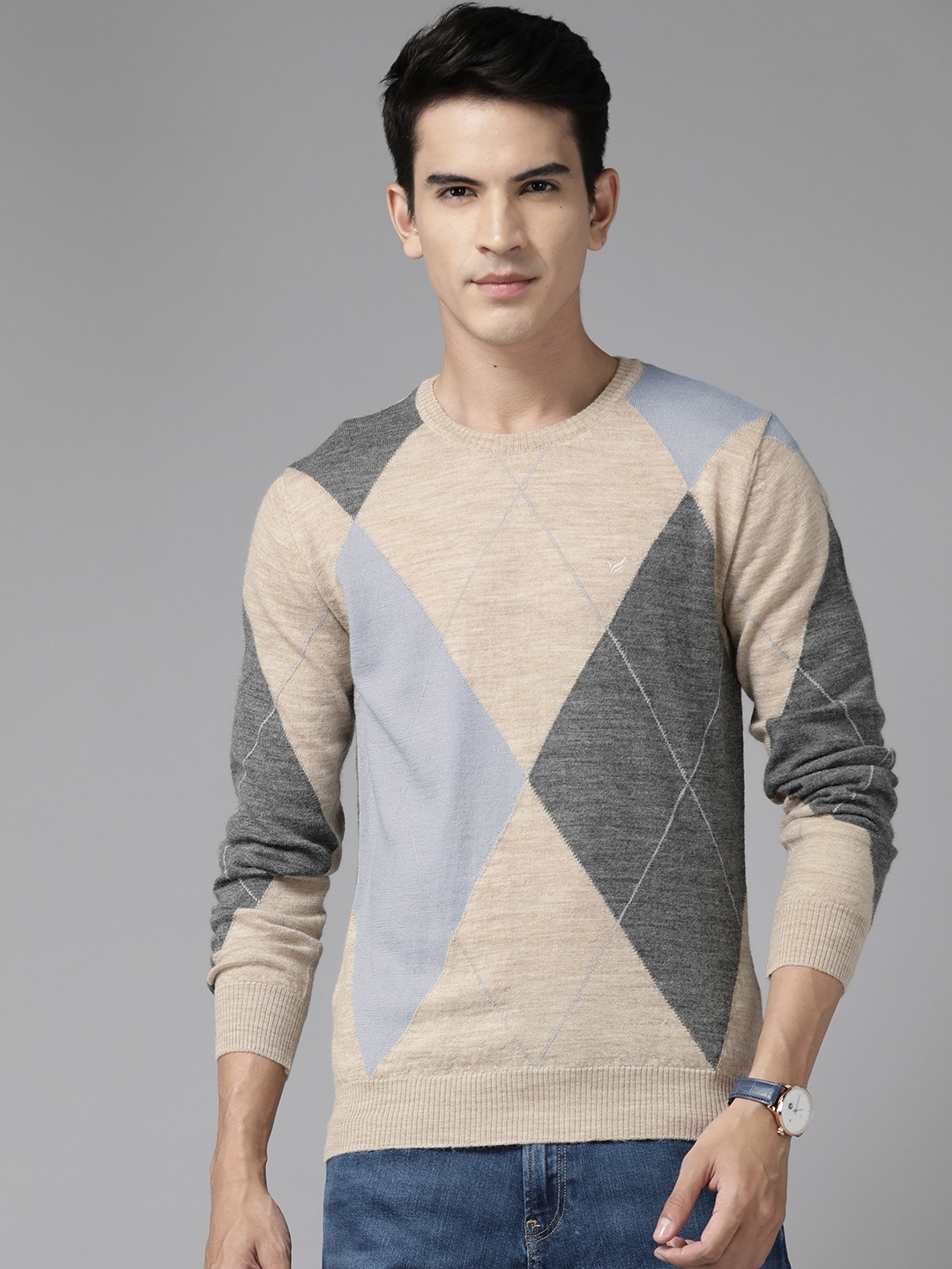 

Blackberrys Men Fair Isle Printed Marino Wool Pullover, Beige