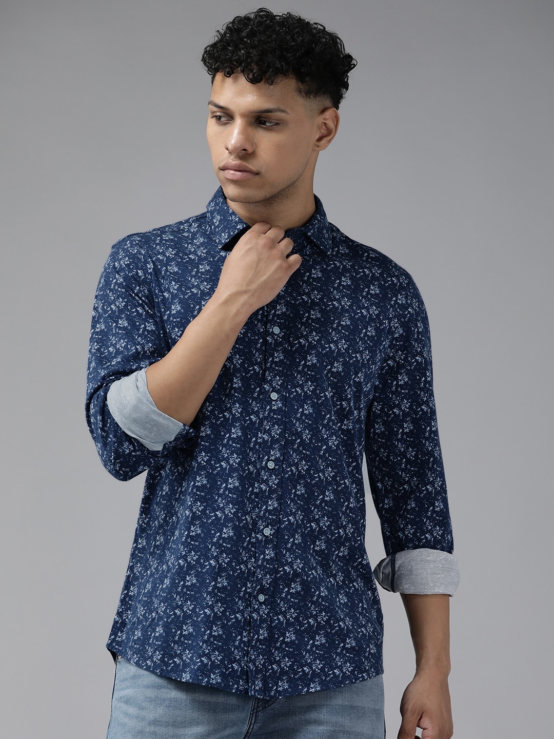 

Blackberrys Trim Skinny Fit Printed Pure Cotton Casual Shirt, Navy blue