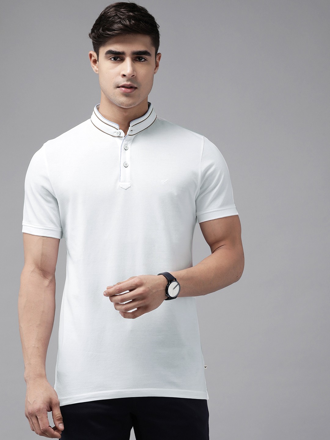 

Blackberrys Mandarin Collar Pure Cotton Slim Fit T-shirt, White