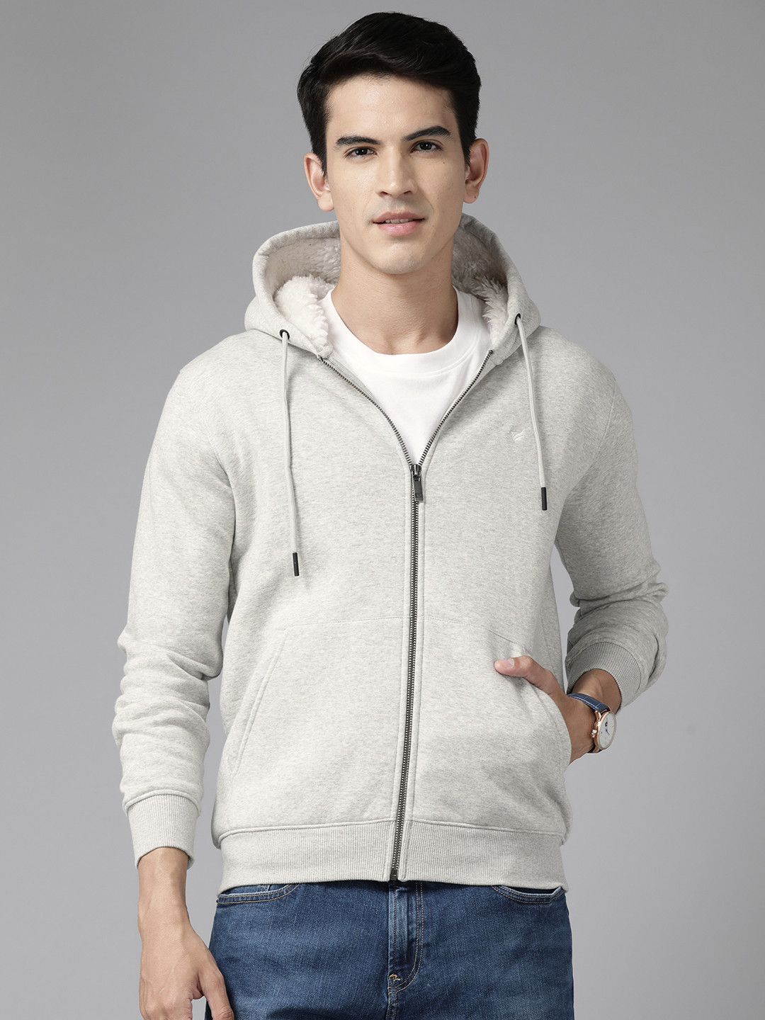 

Blackberrys Men Faux Fur Trim Hooded Sweatshirt, Grey melange
