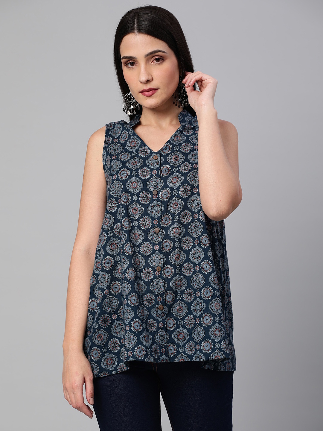 

KAMI KUBI Women Ethnic Printed Cotton Top, Blue