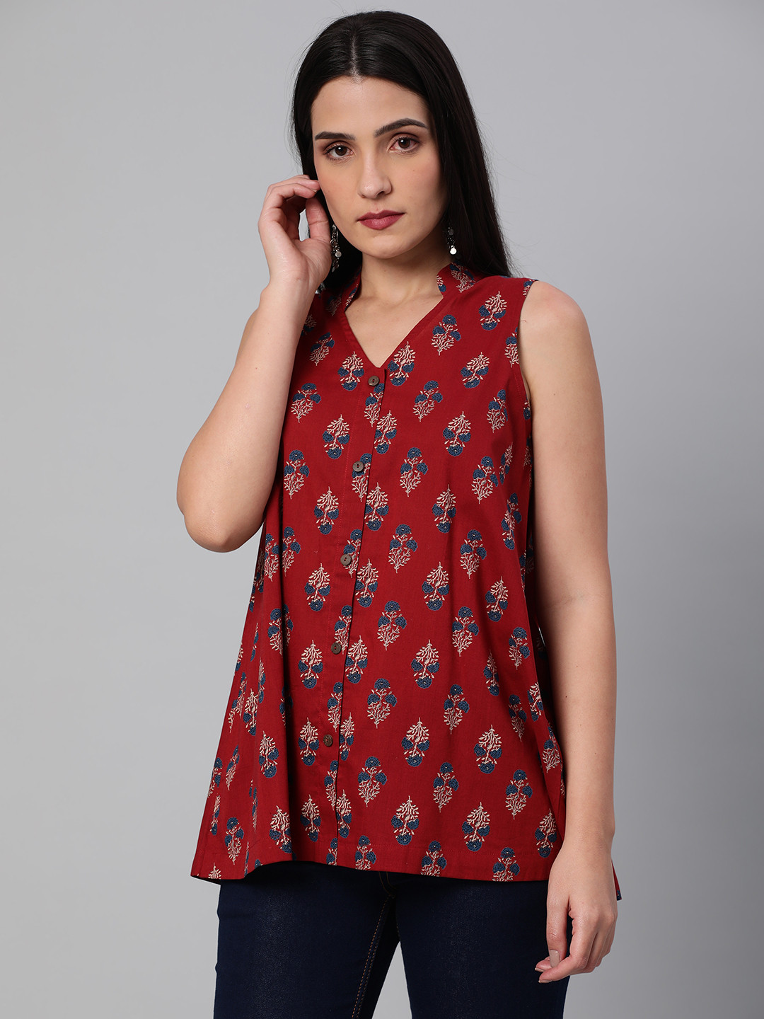

KAMI KUBI Floral Printed Mandarin Collar Cotton Top, Red