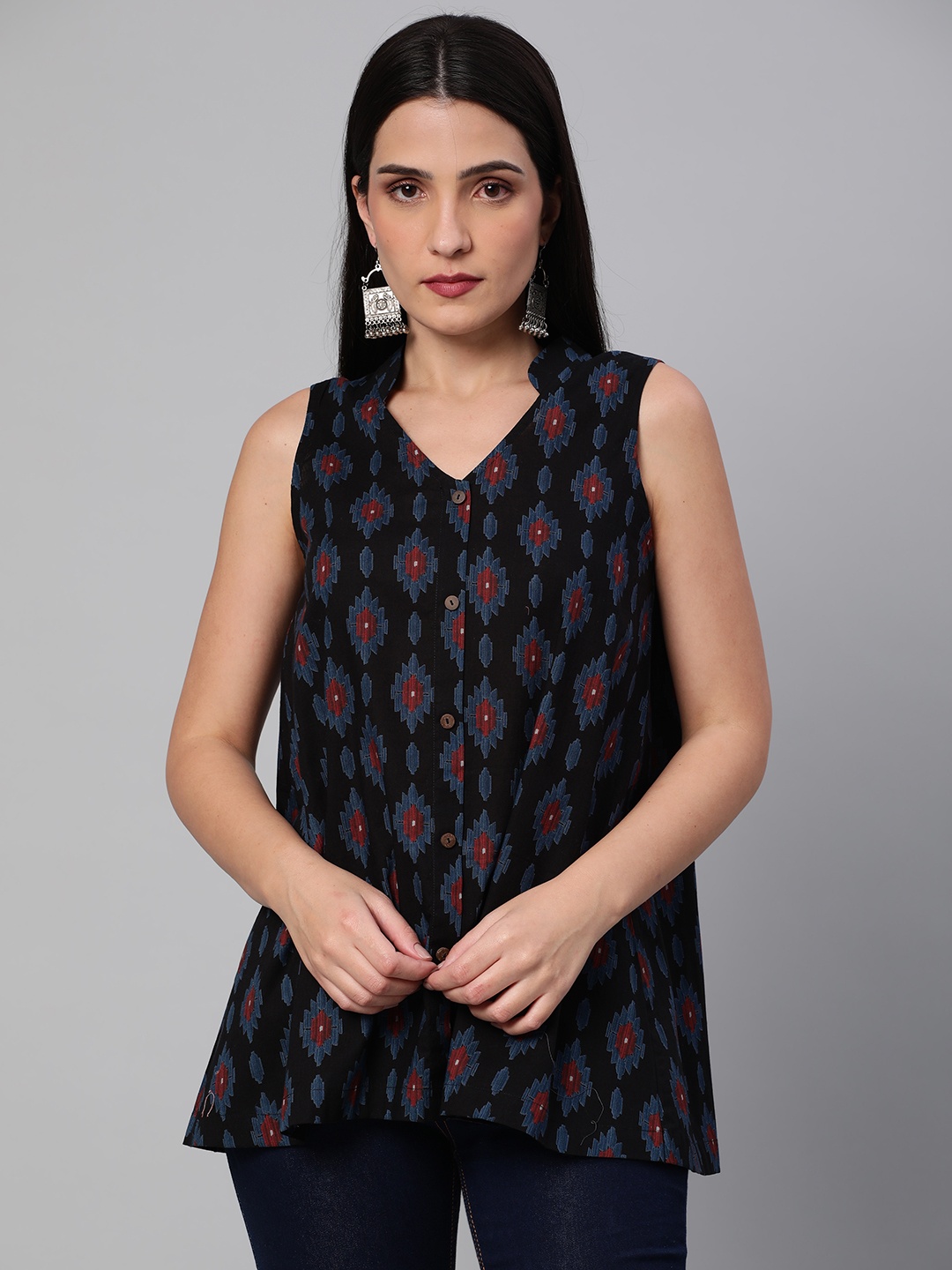 

KAMI KUBI Ethnic Motifs Printed Pure Cotton A-Line Mandarin Collar Top, Black