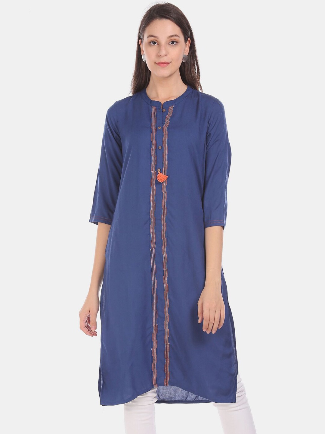 

V-Mart Striped Thread Work Indigo Cotton Kurta, Blue