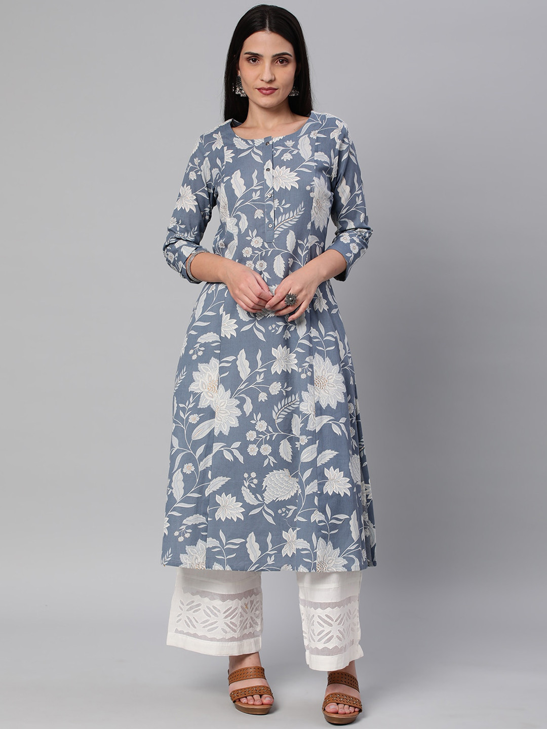 

KAMI KUBI Women Floral Printed Pure Cotton Kurta, Blue
