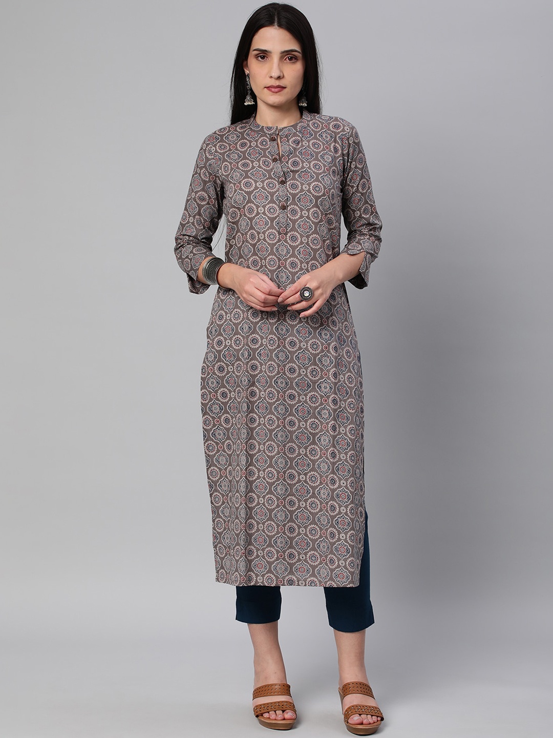 

KAMI KUBI Women Ethnic Motifs Striped Indie Prints Pure Cotton Kurta, Grey