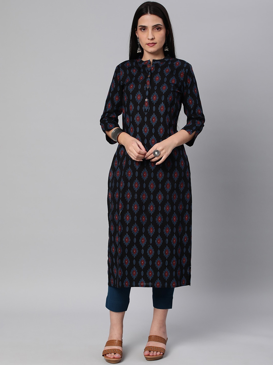 

KAMI KUBI Women Ethnic Motifs Printed Mandarin Collar Cotton Kurta, Black