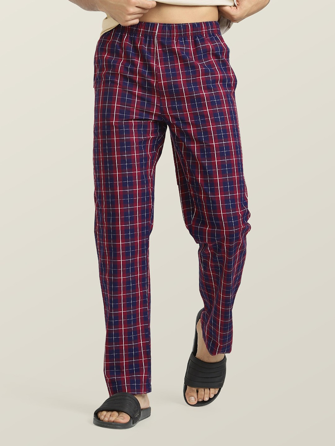 

XYXX Men Checked Pure Cotton Lounge Pants, Maroon