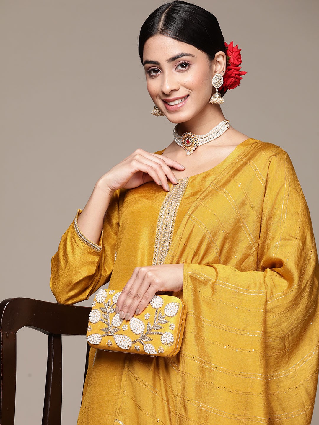 

Anubhutee Women Embroidered Sequinned Kurta With Trousers & Dupatta, Mustard