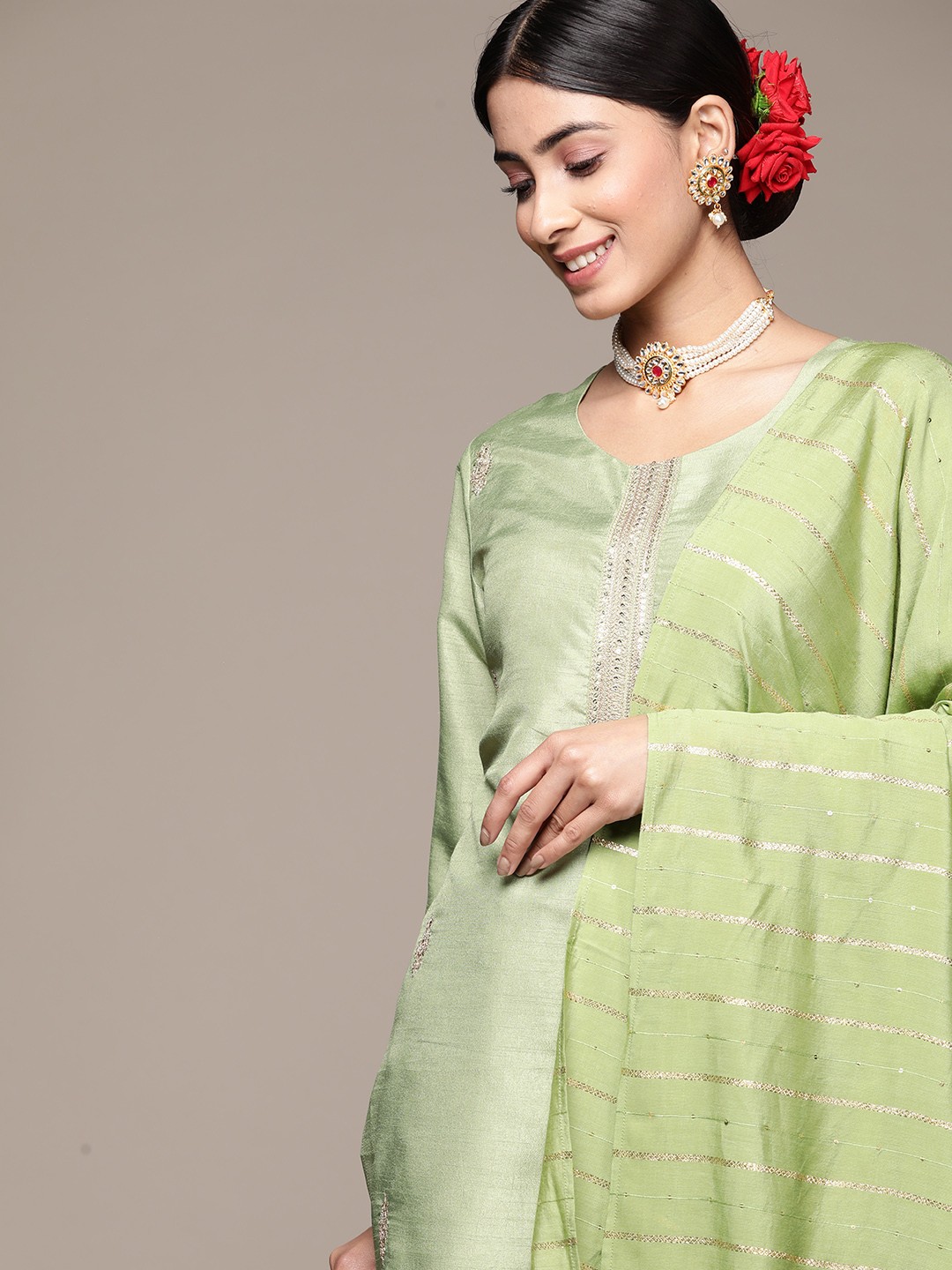 

Anubhutee Women Embroidered Sequinned Kurta With Trousers & Dupatta, Green