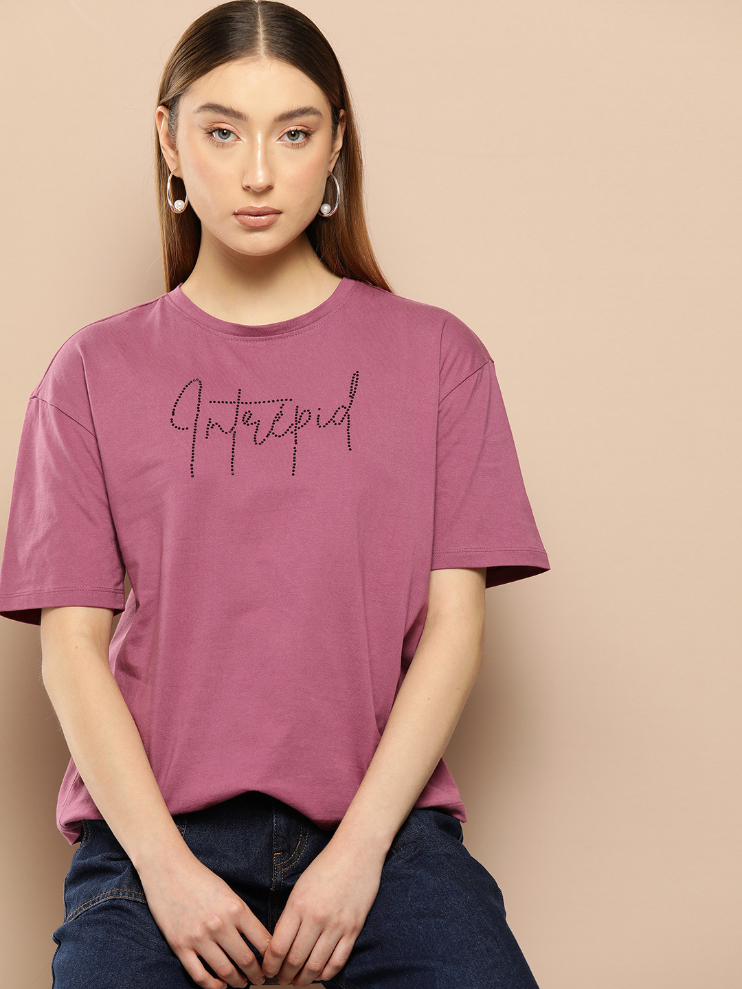 

Chemistry Women Typography Embellished Pure Cotton T-shirt, Mauve