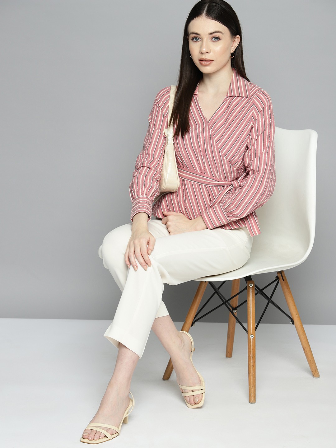 

Chemistry Waist Tie-Up Striped Cotton Wrap Top, Pink