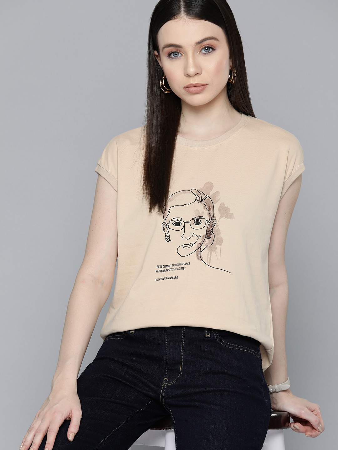 

Chemistry Graphic Printed Extended Sleeves Pure Cotton T-shirt, Beige