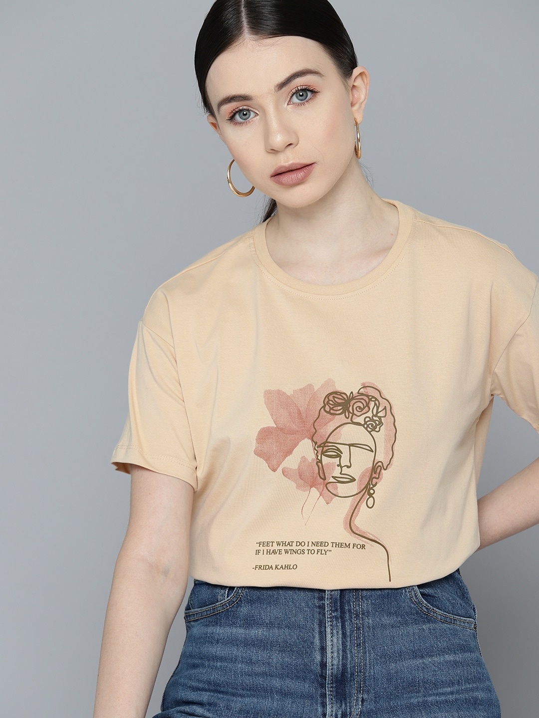 

Chemistry Women Pure Cotton Printed Drop-Shoulder Sleeves T-shirt, Beige