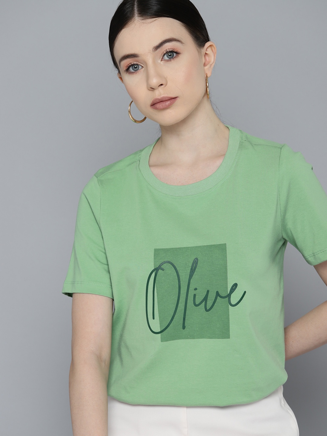 

Chemistry Women Pure Cotton Printed Drop-Shoulder Sleeves T-shirt, Green
