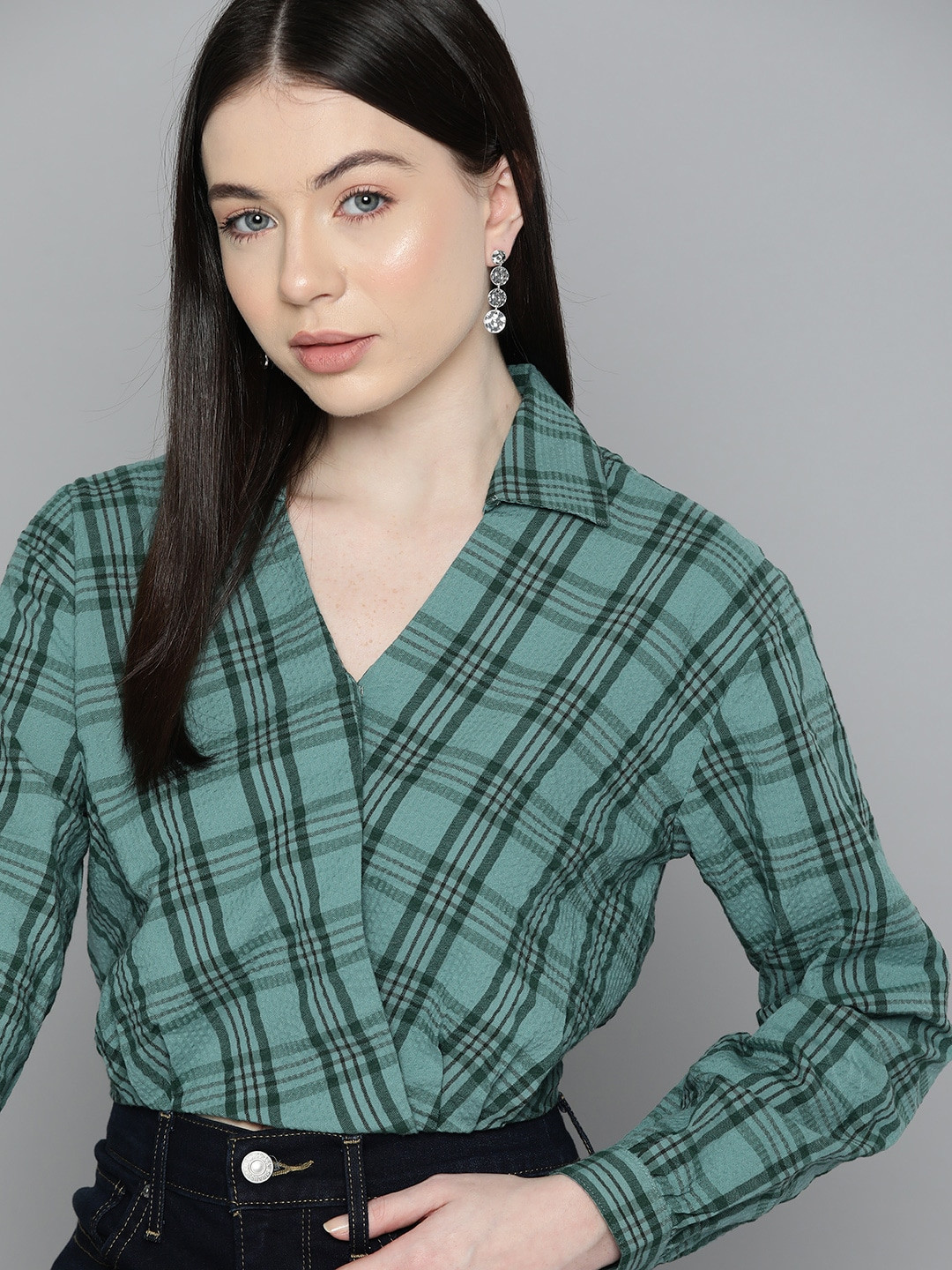 

Chemistry Tartan Checked Pure Cotton Wrap Top, Green