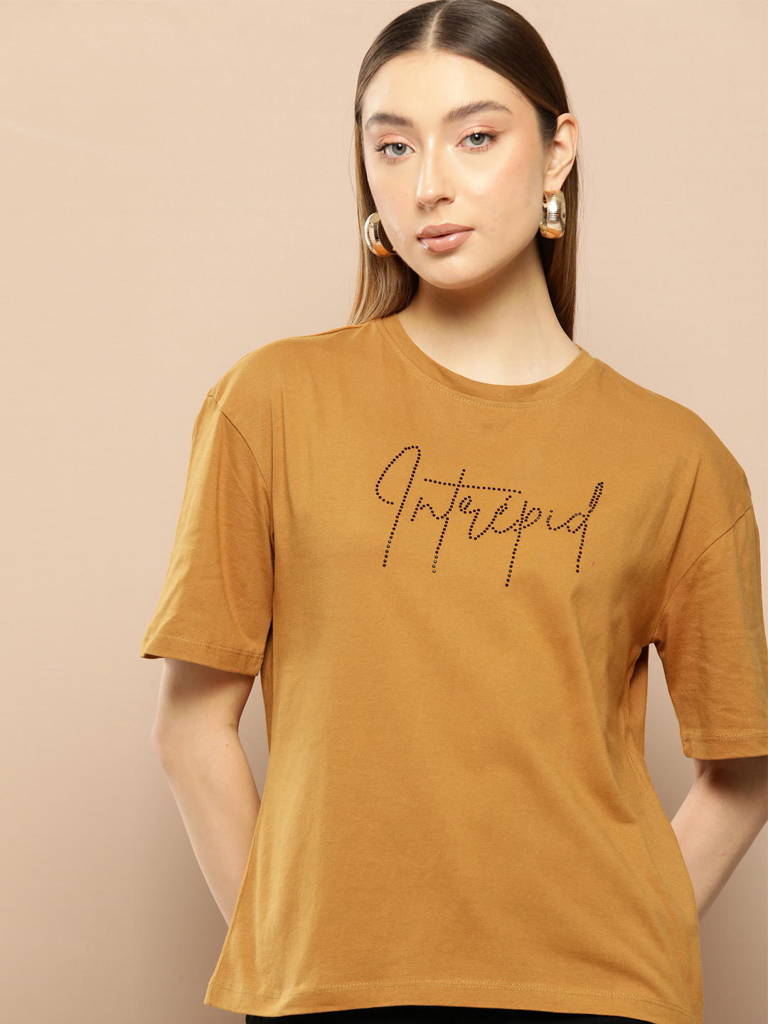 

Chemistry Women Typography Embellished Pure Cotton T-shirt, Mustard