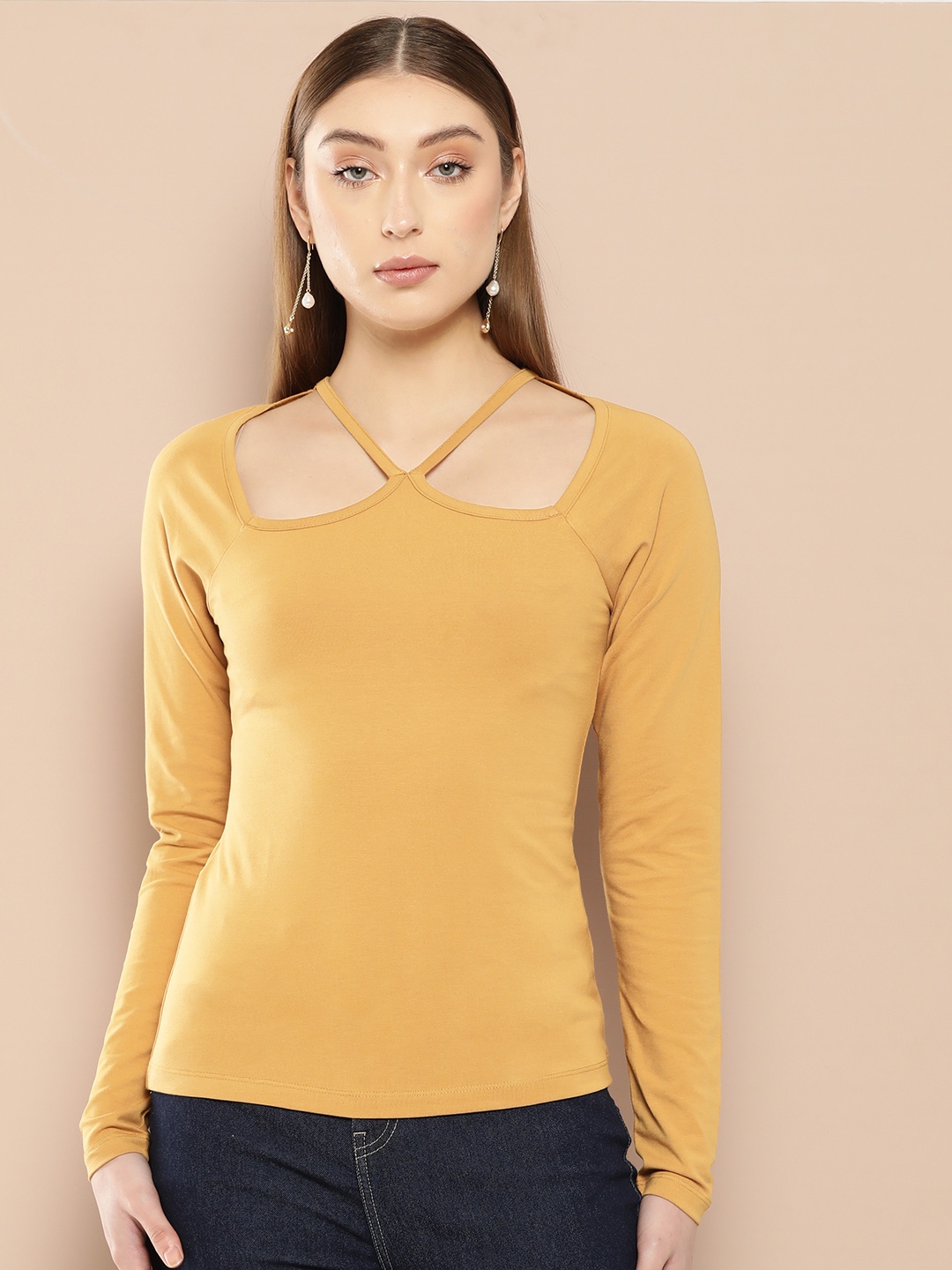 

Chemistry Stylised Neck Cut-Out Knitted Top, Mustard