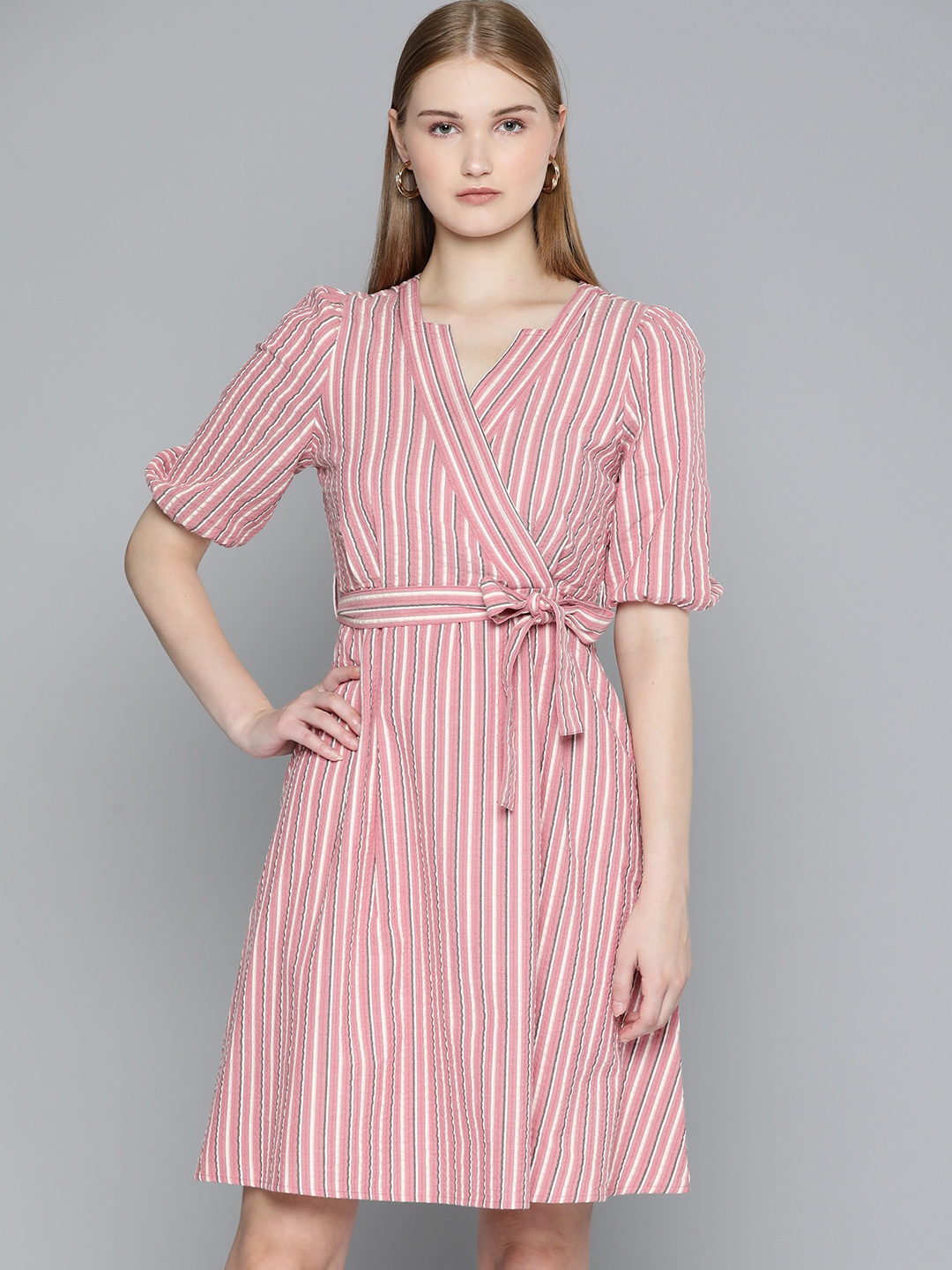 

Chemistry Striped Pure Cotton Puff Sleeve Wrap Dress, Rose