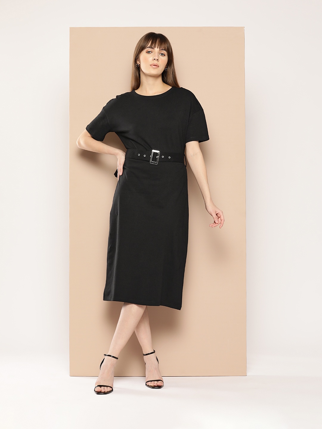 

Chemistry Pure Cotton A-Line Midi Dress with Belt, Black