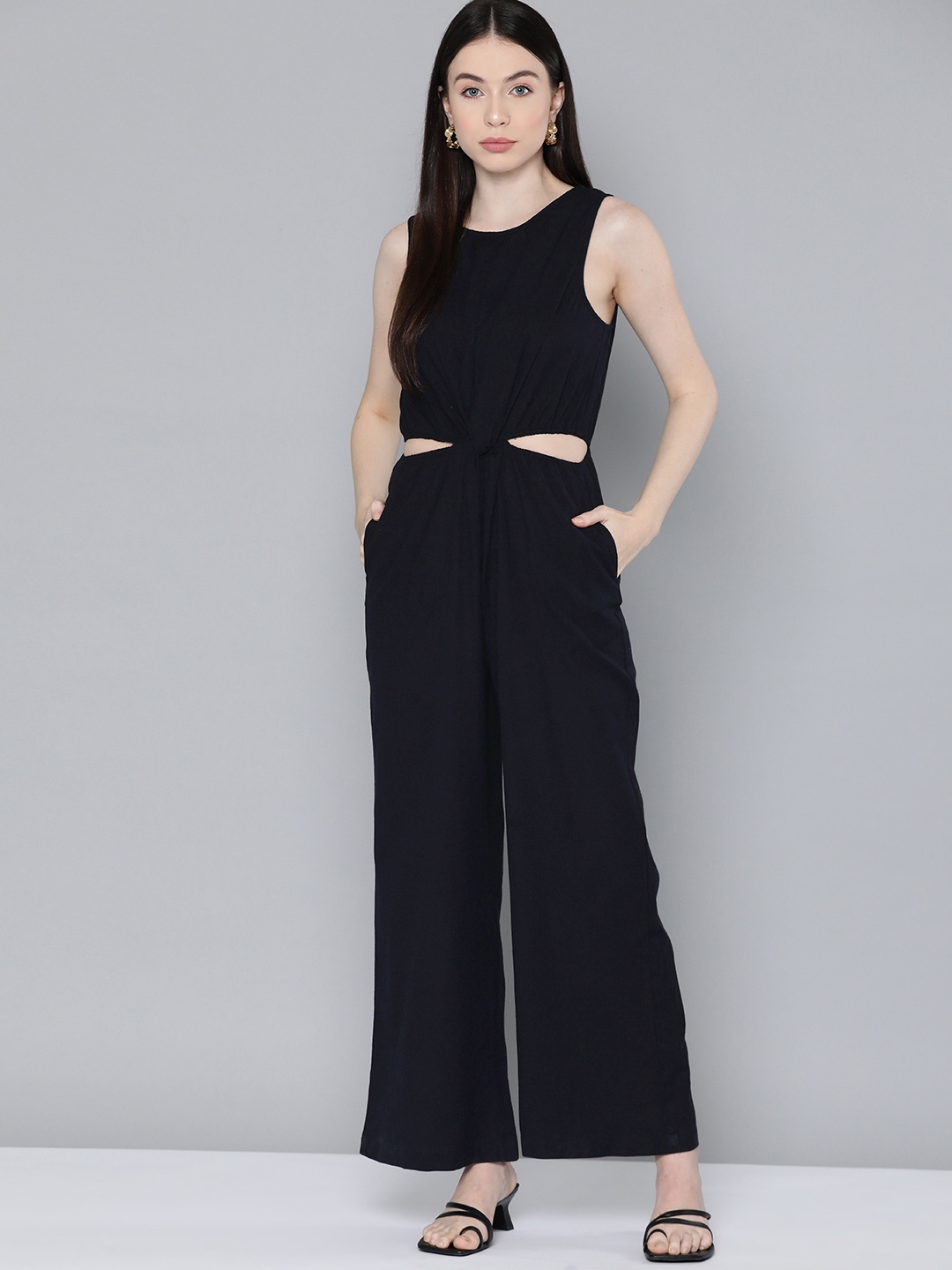 

Chemistry Solid Twisted Front Basic Jumpsuit with Cut-Out Detail, Black