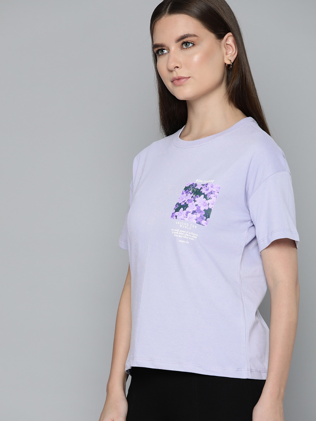 

Chemistry Floral & Typography Printed Drop-Shoulder Sleeves Pure Cotton T-shirt, Lavender