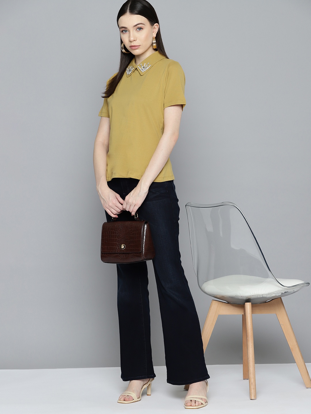 

Chemistry Embellished Collar Pure Cotton T-shirt, Khaki