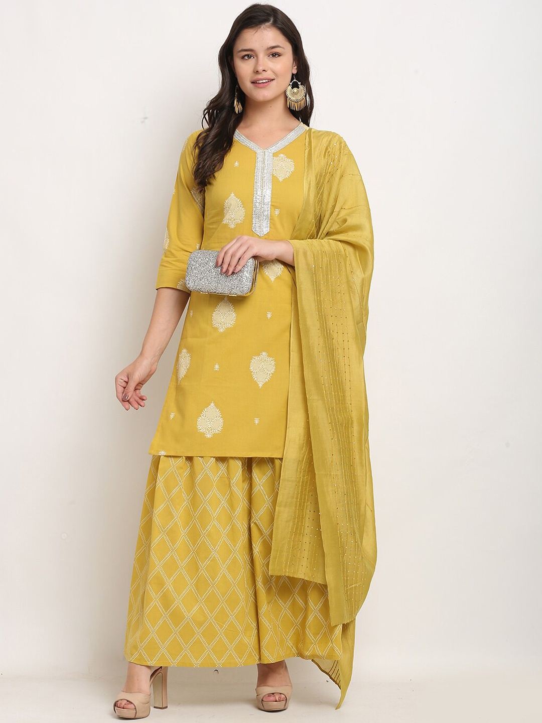 

Rajnandini Women Printed Gotta Patti Pure Cotton Kurta & Sharara With Dupatta, Mustard