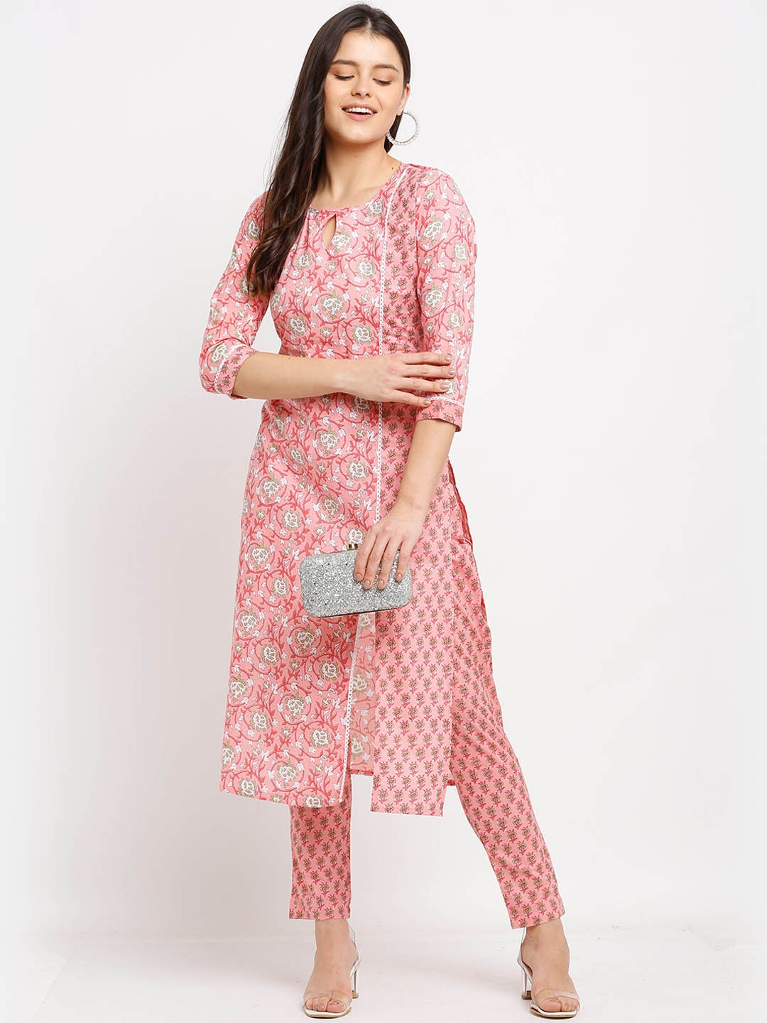 

Rajnandini Women Floral Printed Pure Cotton Kurta With Trouser, Pink