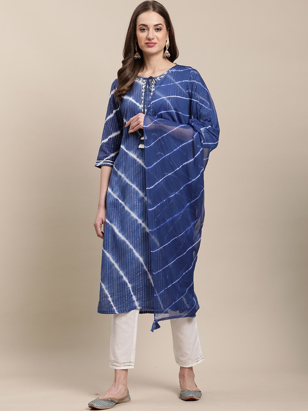 

Rajnandini Women Leheriya Dyed Thread Work Pure Cotton Kurta & Trouser With Dupatta, Blue