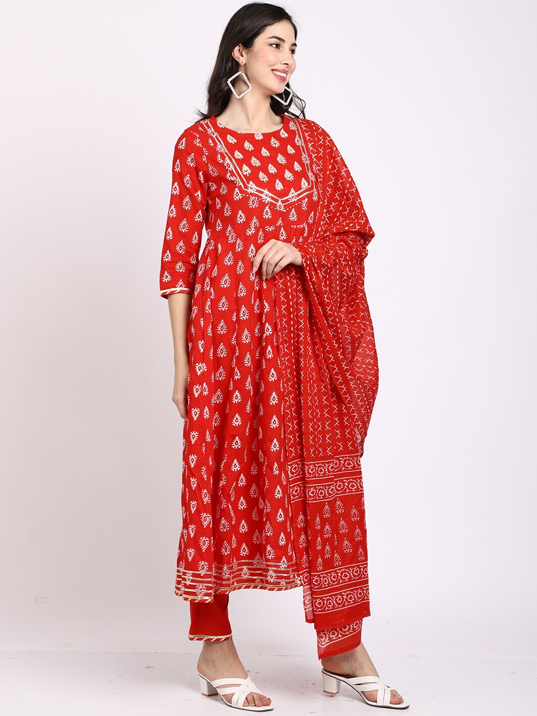 

Rajnandini Women Ethnic Printed Gotta Patti Pure Cotton Kurta with Trousers & Dupatta, Red