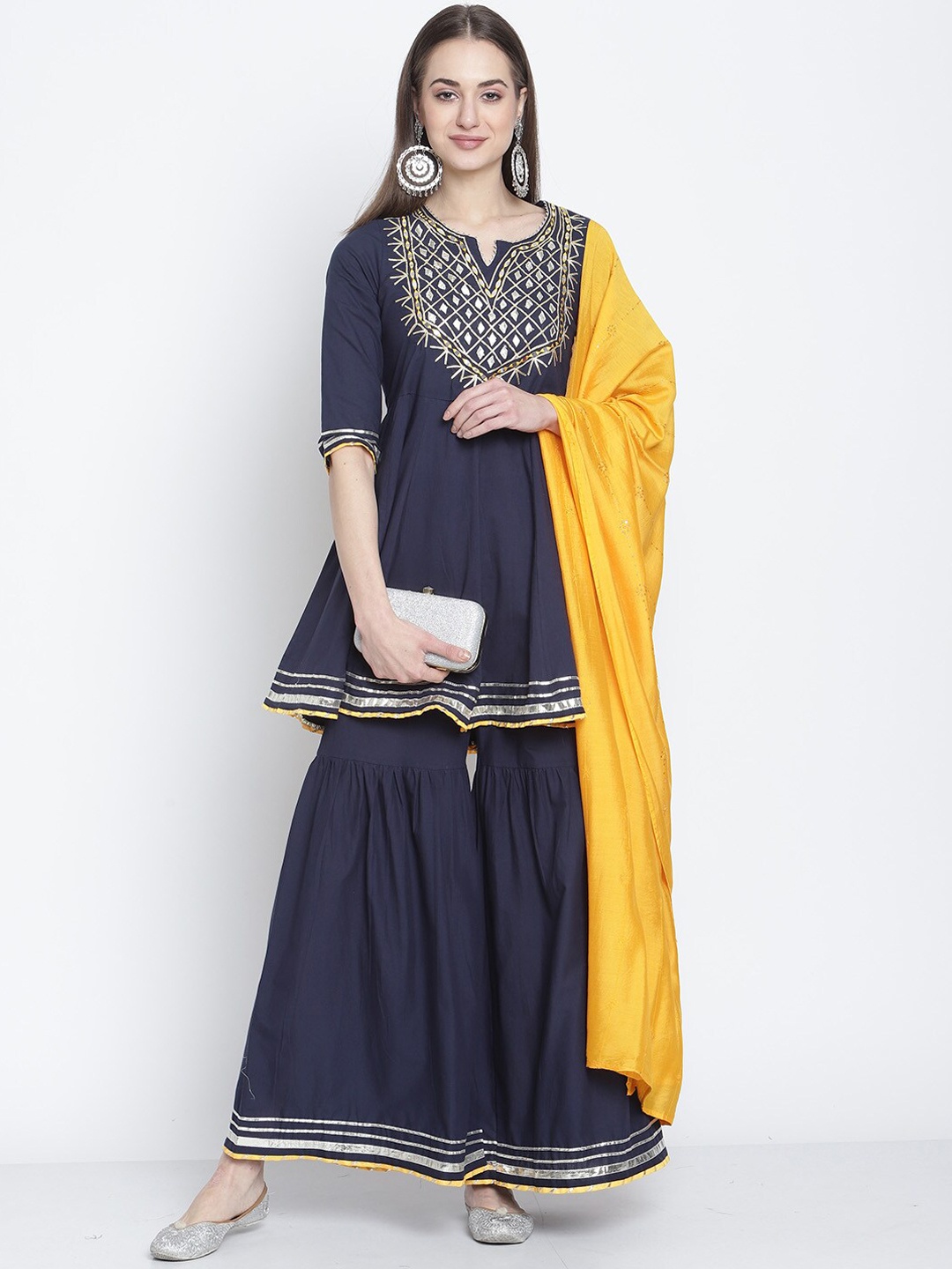 

Rajnandini Women Embroidered Gotta Patti Pure Cotton Kurta with Sharara & Dupatta, Navy blue