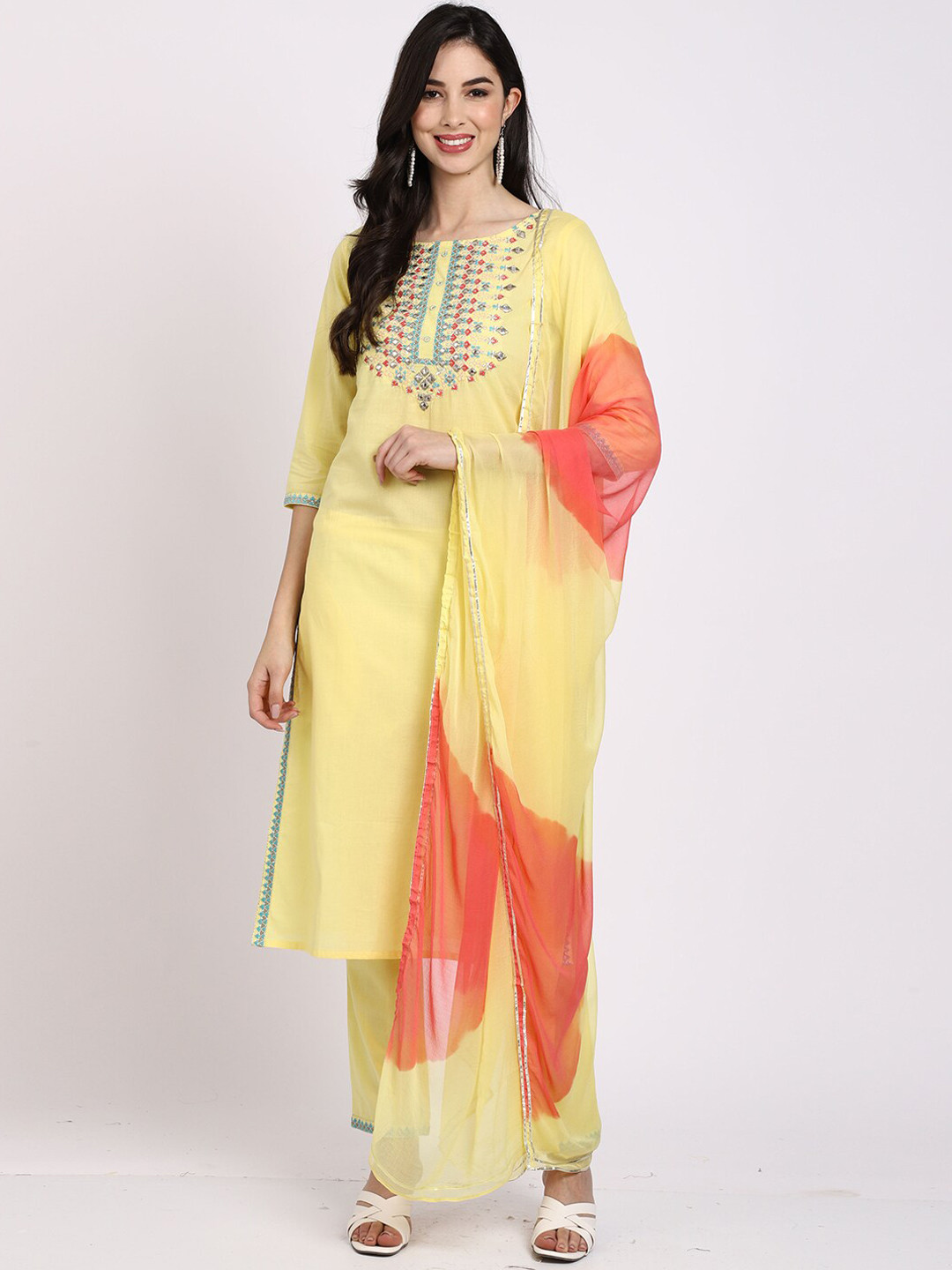 

Rajnandini Women Ethnic Motifs Embroidered Pure Cotton Kurta with Trousers & Dupatta, Yellow