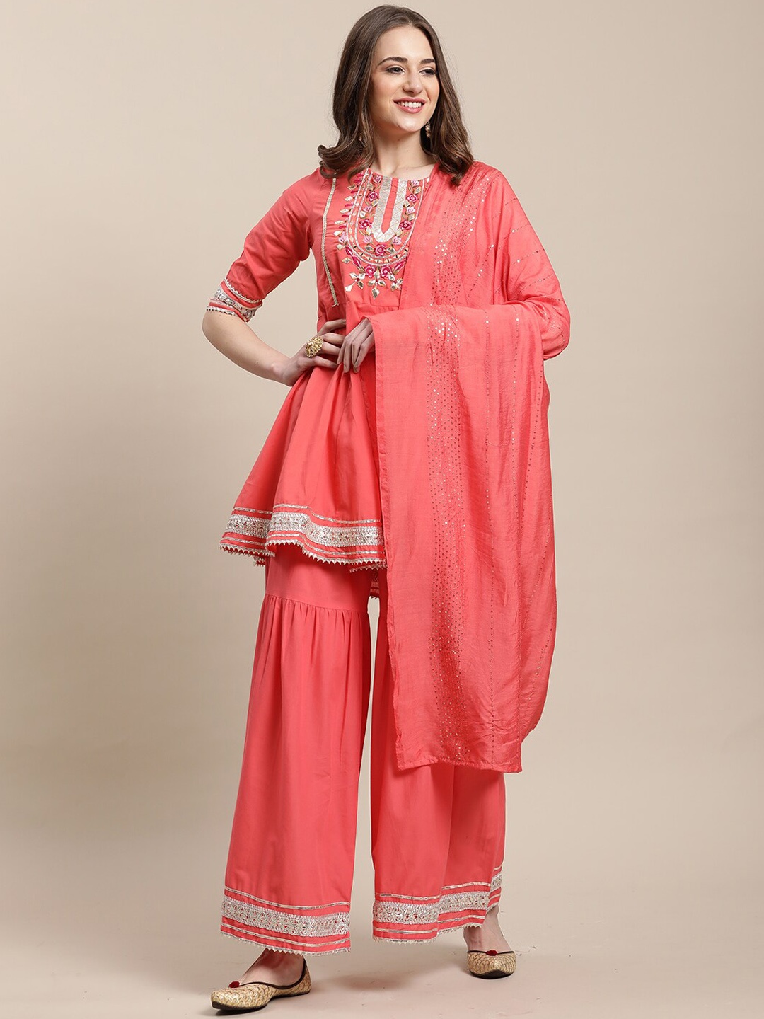 

Rajnandini Women Ethnic Motifs Embroidered Pure Cotton Kurta with Sharara & Dupatta, Peach