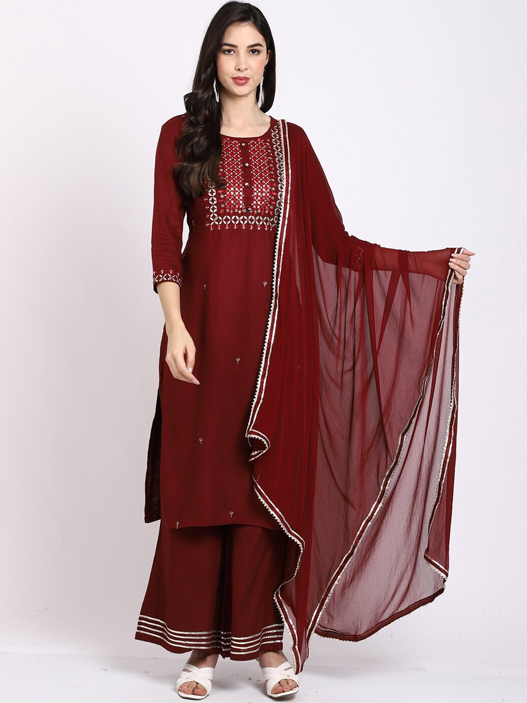 

Rajnandini Women Ethnic Motifs Mirror Work Pure Cotton Kurta with Palazzos & Dupatta, Maroon