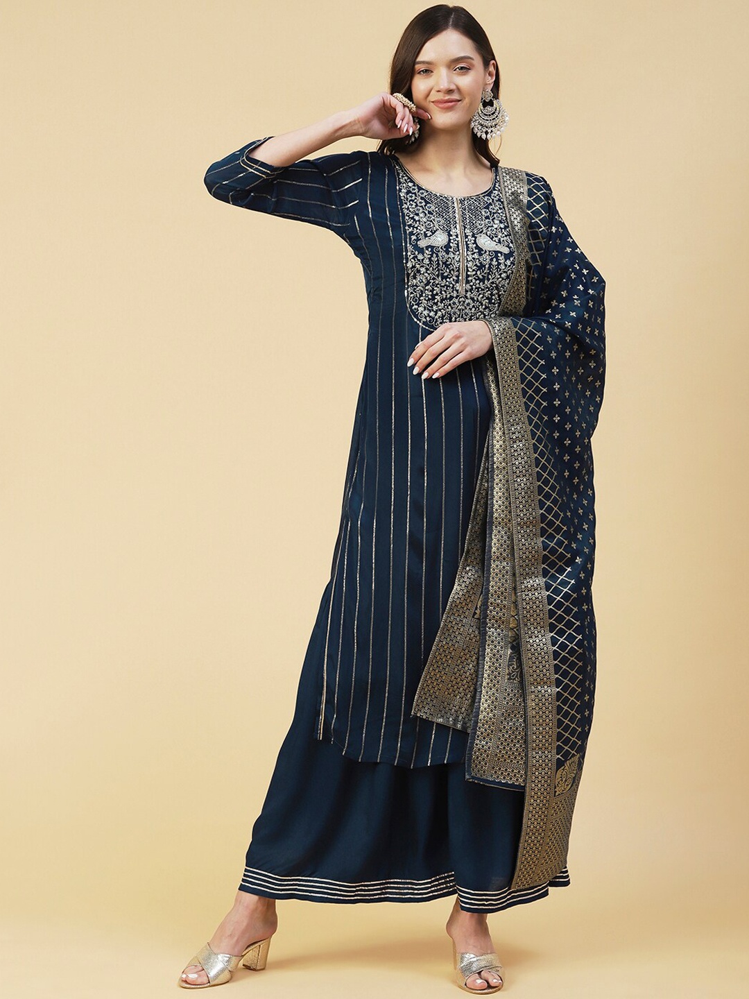 

FASHOR Women Ethnic Motifs Striped Kurta with Sharara & With Dupatta, Teal