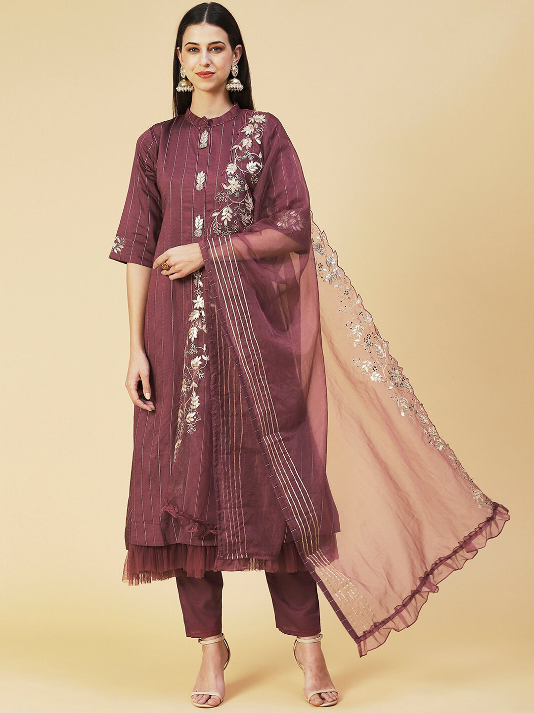 

FASHOR Women Embroidered Gotta Patti Chanderi Cotton Kurta with Trousers & With Dupatta, Mauve